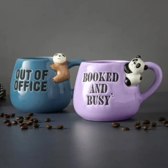 PAIR OF STONEWARE COFFEE MUGS SLOTH AND PANDA OFFICE GIFT MUG - Picture 1 of 6